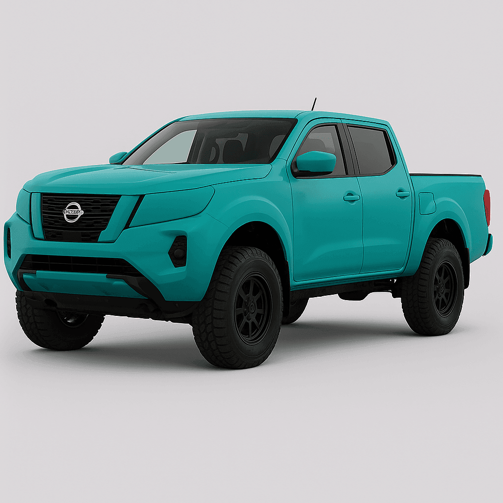 Teal pickup truck with black wheels, viewed from the front and side.
