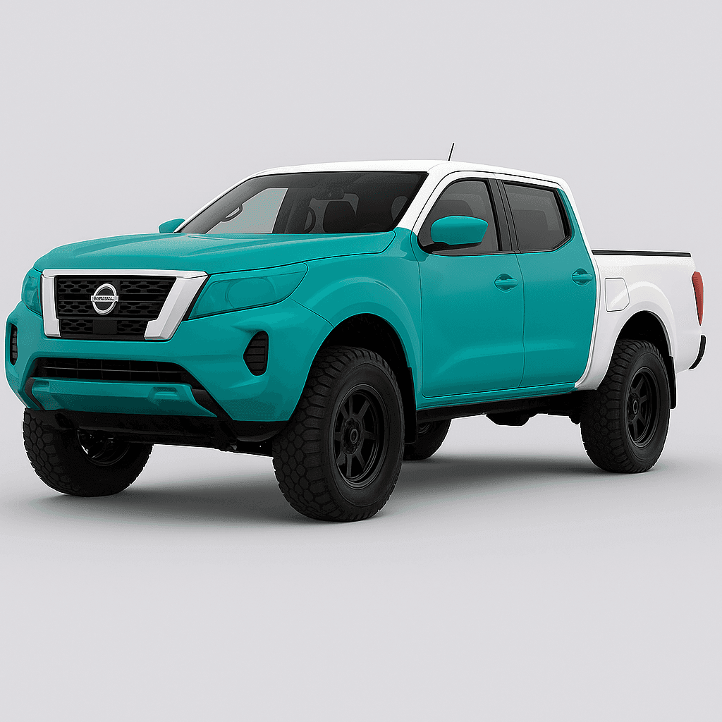 Two-tone teal and white pickup truck with a rugged design in a studio setting.