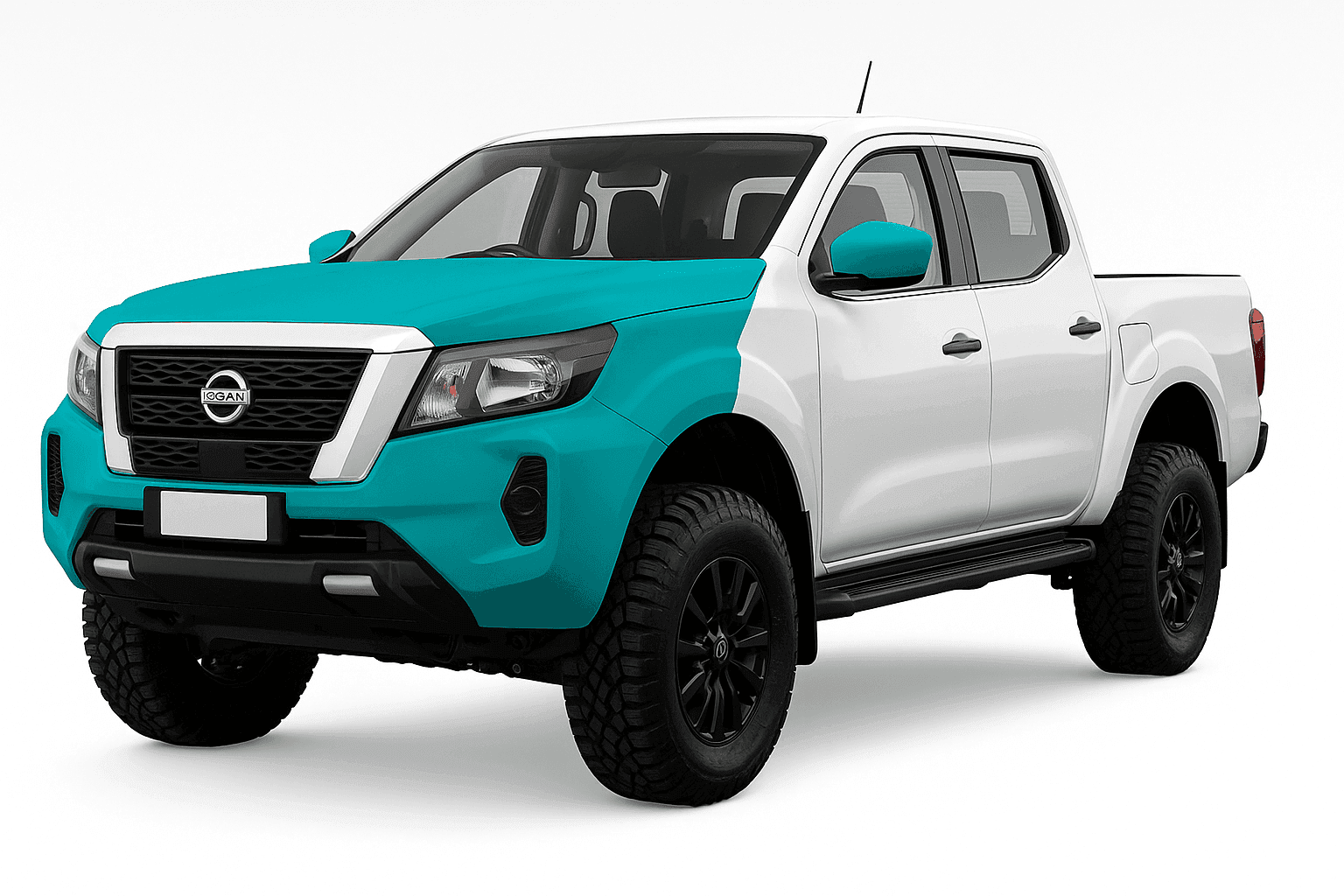 White pickup truck with teal accents on the hood and mirrors, featuring black wheels.