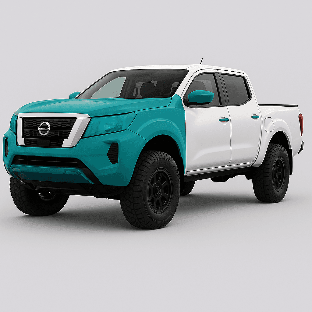 Side view of a teal and white pickup truck with black wheels on a gray background.